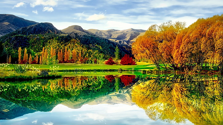 reflektion, höst, färgrik, natur, vegetation, löv, vildmark, sjö, berg, vatten, landskap, himmel, Lake Wakatipu, Nya Zeeland, HD tapet