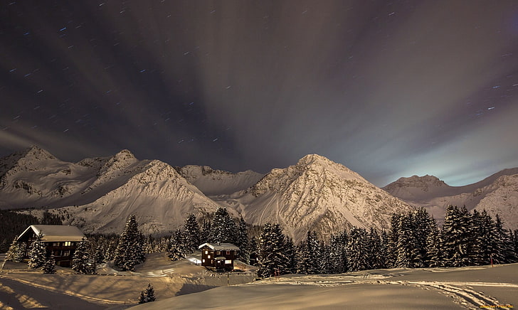 하얀 눈 덮인 산, 산, 눈, 풍경, 자연, 겨울, 오두막, HD 배경 화면