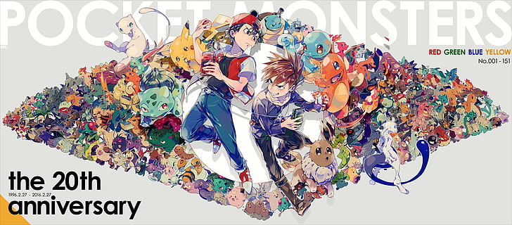 Wallpaper Pocket Monsters, anime, Pokemon, Pikachu, Mew, Merah (Pokemon), Biru (Pokemon), Charmander, Eevee, Squirtle, Mewtwo, Bulbasaur, Wallpaper HD