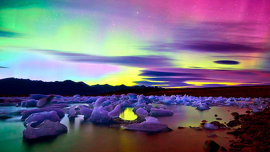 الزمرد ، الشفق القطبي ، أيسلندا ، الأضواء الشمالية ، الجليد ، سماء الليل، خلفية HD HD wallpaper