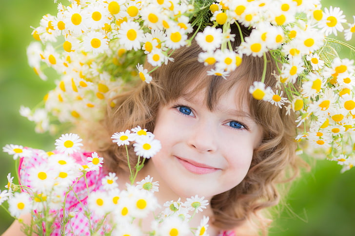 white daisy, flowers, smile, girl, wreath, child, blue-eyed, HD wallpaper