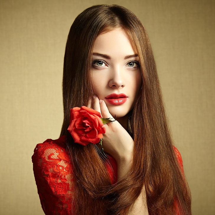 女性、花、長い髪、赤い口紅、青い目、 HDデスクトップの壁紙