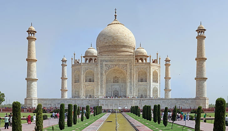 Ancient, architecture, building, India, indian, Mausoleum, Taj Mahal, Trees, water, HD wallpaper