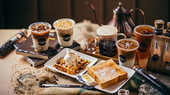 gelo, café, sorvete, waffles, cortes, torradas, HD papel de parede HD wallpaper