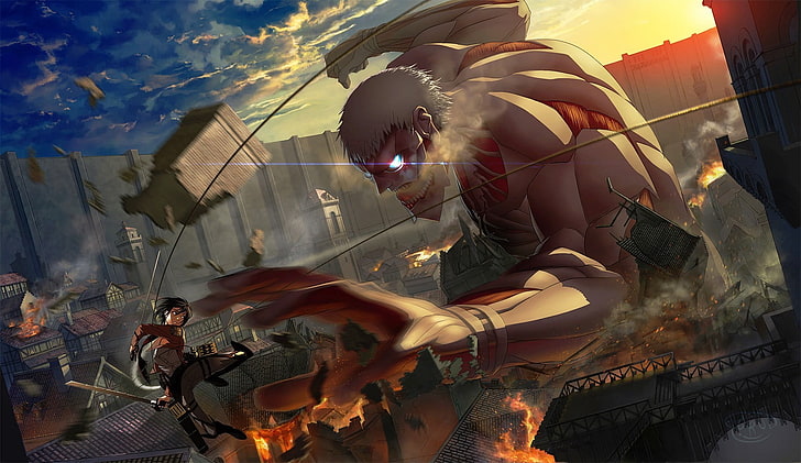 Wallpaper Attack on Titan, Shingeki no Kyojin, Titan Colossal, Mikasa Ackerman, Wallpaper HD