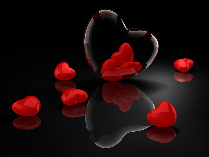 hearts clip art, reflection, hearts, black background, Valentine's day, HD wallpaper