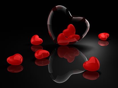 corações clip-art, reflexão, corações, fundo preto, dia dos namorados, HD papel de parede HD wallpaper