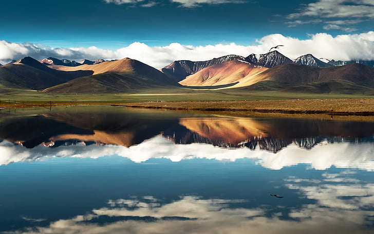 Chine, Tibet, montagne, lac, réflexion de l'eau, ciel, nuages, Chine, Tibet, montagne, lac, eau, réflexion, ciel, nuages, Fond d'écran HD