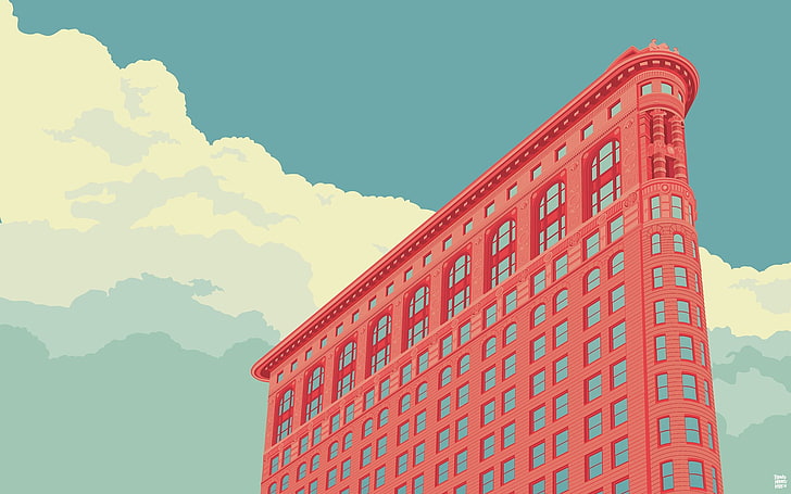edificio rojo ilustración digital, arte digital, edificio, Remko Heemskerk, nubes, Flatiron Building, Estados Unidos, Nueva York, viuda, ilustración, minimalismo, Fondo de pantalla HD