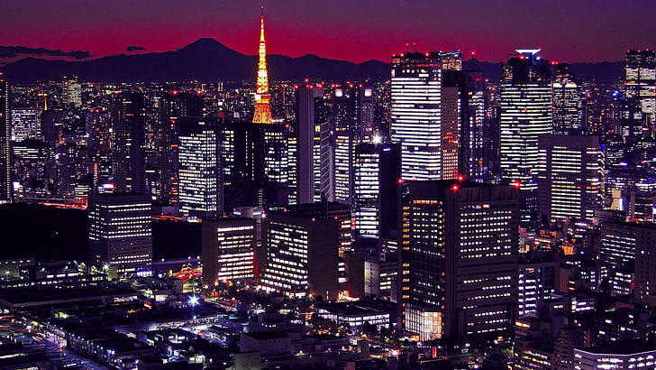 высотные здания, япония, токио, здания, ночь, город, HD обои