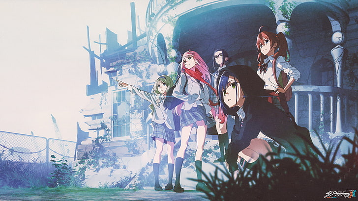 digitale Tapete mit fünf weiblichen Anime-Figuren, Liebling im FranXX, Code: 196 (Ikuno), Code: 390 (Miku), Code: 556 (Kokoro), Zero Two (Liebling im FranXX), Ichigo (Liebling im FranXX), HD-Hintergrundbild
