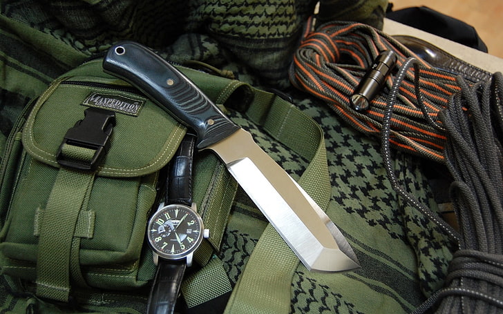 daga de acero gris, cuchillo, reloj, Fondo de pantalla HD