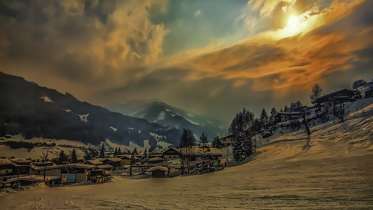 Gebirgsgelände, Schnee, Winter, Landschaft, Berge, digitale Kunst, HDR, Natur, HD-Hintergrundbild