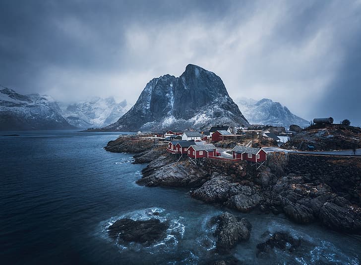 mountains, rocks, Norway, the village, the fjord, The Lofoten Islands, HD wallpaper