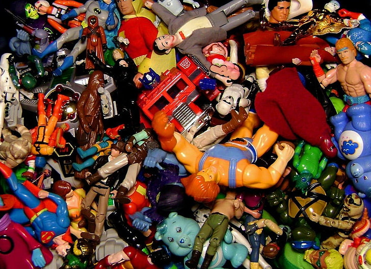 пластиковая фигура разных цветов, 1980-е, фигурки, ThunderCats, Супермен, Бэтмен, Трансформеры, Оптимус Прайм, Г.И.Джо, Черепашки-ниндзя-подростки, Чубакка, Люк Скайуокер, Звездные войны, Человек-Скелет, Капитан Америка, Индиана Джонс, штурмовик, конь, HD обои