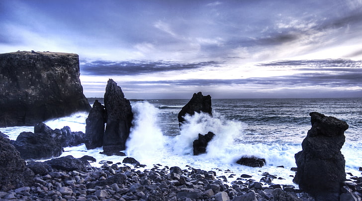 Iceland Sea Shore, black rocks, Europe, Iceland, Shore, Water, Rocks, Clouds, Cliffs, HD wallpaper