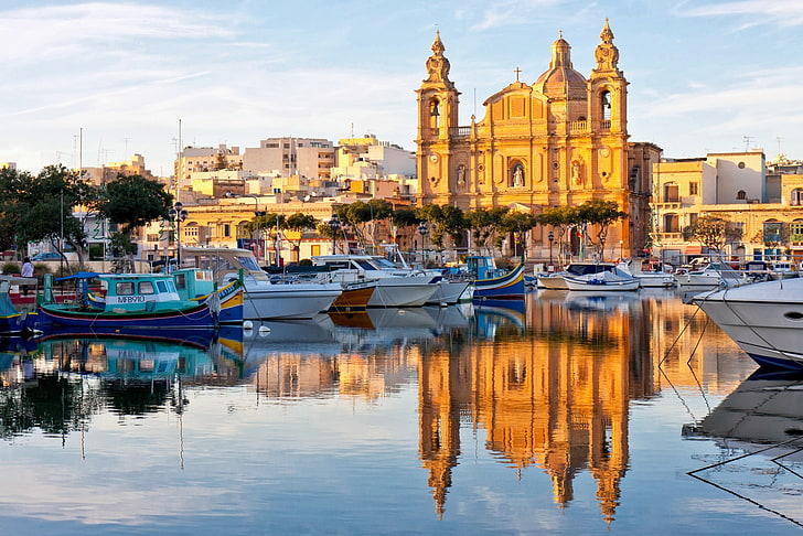отражение, лодки, собор, гавань, Мальта, Валлетта, HD обои