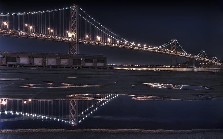 The Bay Bridge Reflecting, brooklyn bridge, dark, night, architecture, bridge, HD wallpaper