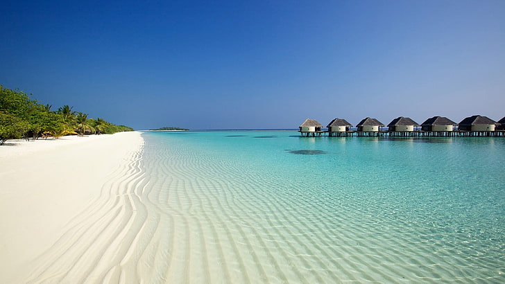 берег моря, пляж, море, природа, Мальдивы, небо, HD обои