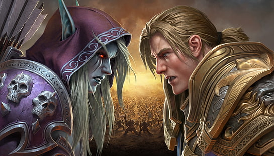grafika cyfrowa, grafika, gry wideo, Warcraft, World of Warcraft, World of Warcraft: Battle for Azeroth, Sylvanas Windrunner, Anduin Wrynn, blondynka, elfka, białe włosy, czerwone oczy, długie włosy, Tapety HD HD wallpaper