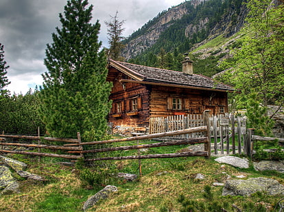 brown cabin, house, austria, alps, wooden fence, landscape, HD wallpaper HD wallpaper