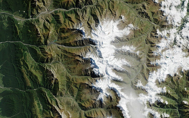 nature, landscape, mountains, snow, winter, satellite, Russia, glaciers, bird's eye view, NASA, HD wallpaper