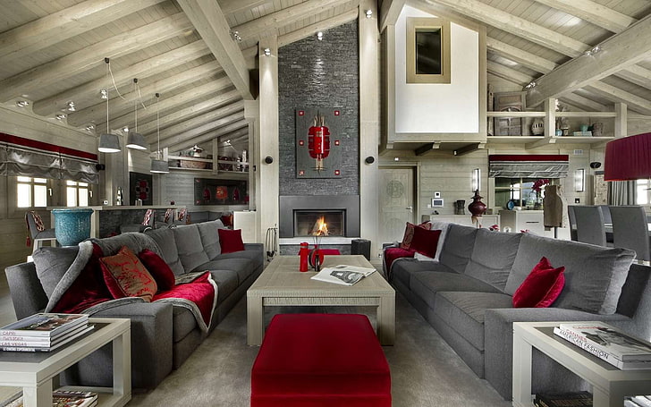 серый тканевый диван и прямоугольный белый деревянный журнальный столик, интерьер, диван, гостиные, HD обои