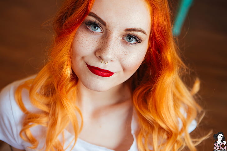 Loveless suicide, redhead, Suicide Girls, women, model, women indoors, face, pierced nose, bokeh, looking at viewer, red lipstick, freckles, pale, white shirt, gray eyes, piercing, HD wallpaper