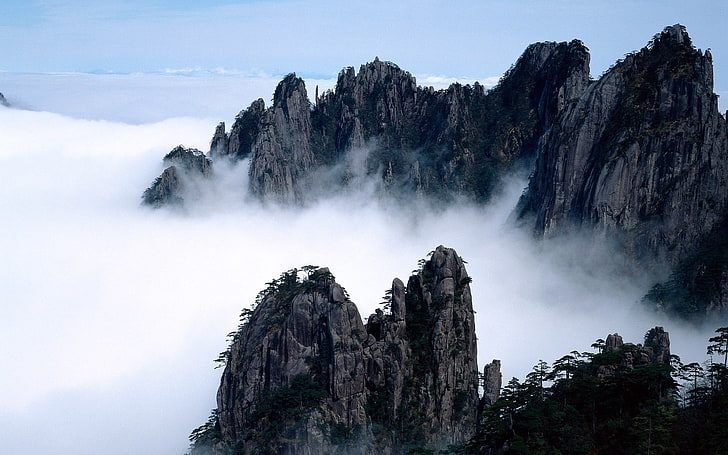 formation rocheuse brune et verte, nature, paysage, montagnes, nuages, huang shan, Chine, Fond d'écran HD