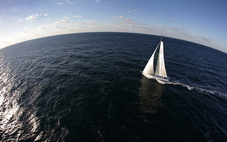 white sail boat, sailing ship, sea, yachts, fisheye lens, horizon, clouds, waves, sunlight, reflection, HD wallpaper