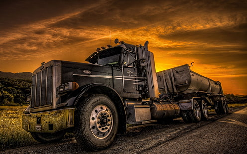 черен товарен камион, HDR, камиони, Peterbilt, HD тапет HD wallpaper