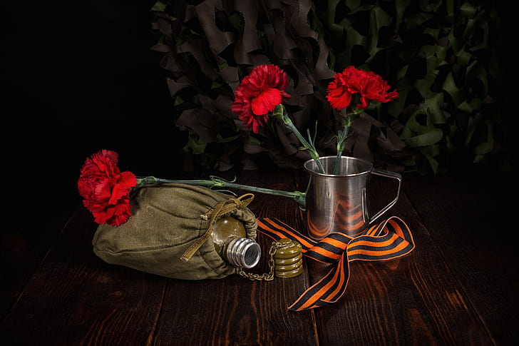 fiori, boccale, chiodi di garofano, Giorno della Vittoria, vaso, 9 maggio, nastro di San Giorgio, Sfondo HD
