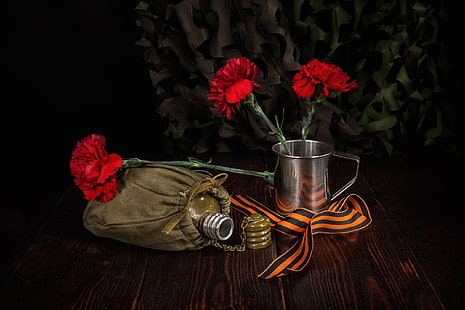 fiori, boccale, chiodi di garofano, Giorno della Vittoria, vaso, 9 maggio, nastro di San Giorgio, Sfondo HD HD wallpaper