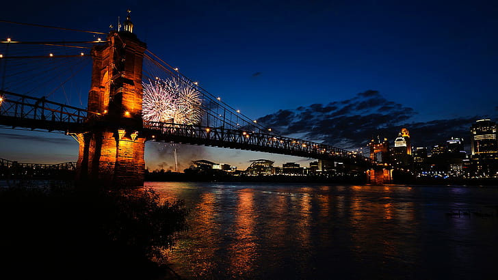 фойерверки, нощ, мост, Гръм над Луисвил, Кентъки, HD тапет