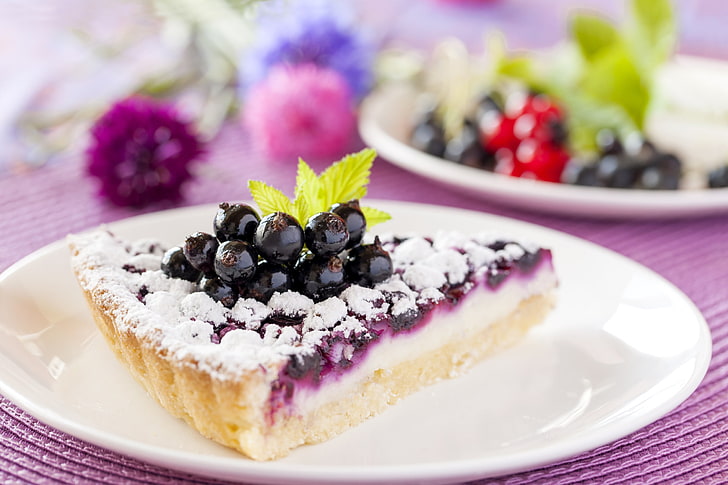 food, cake, berries, dessert, pie, mint leaves, HD wallpaper