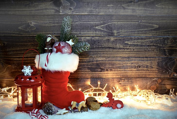 snow, New Year, Christmas, merry christmas, decoration, boot, xmas, lantern, HD wallpaper