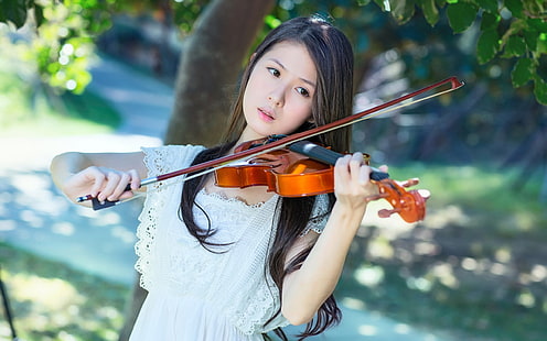 화이트, 드레스, 아시아, 소녀, 바이올린, 음악, 하얀 드레스 아시아 여자, 바이올린, 음악, HD 배경 화면 HD wallpaper