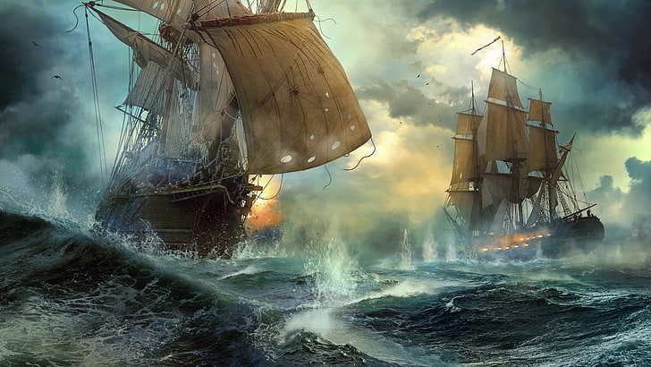 ships, sea battle, Duel, Vladimir Manyukhin, HD wallpaper