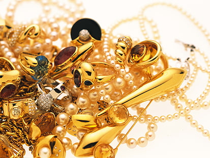 златни бижута, бижута, злато, диаманти, купчина, декорации, HD тапет HD wallpaper