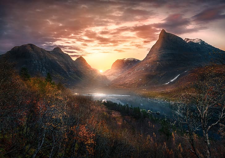 autumn, the sun, light, mountains, Norway, the fjord, HD wallpaper