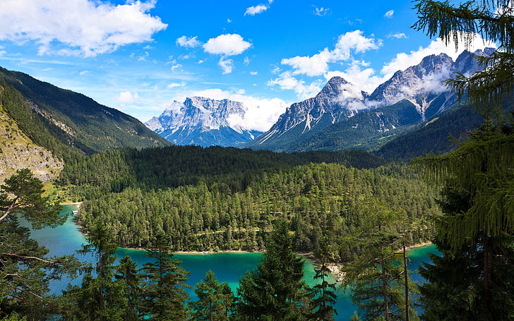 nature, paysage, Alpes, montagnes, forêt, lac, turquoise, eau, nuages, été, arbres, Fond d'écran HD