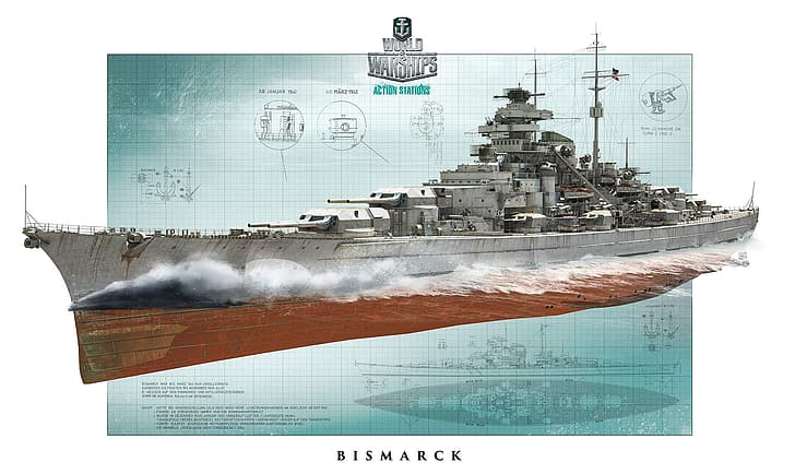 Бисмарк (корабль), World of Warships, видеоигры, произведение искусства, корабль, Линкоры, HD обои