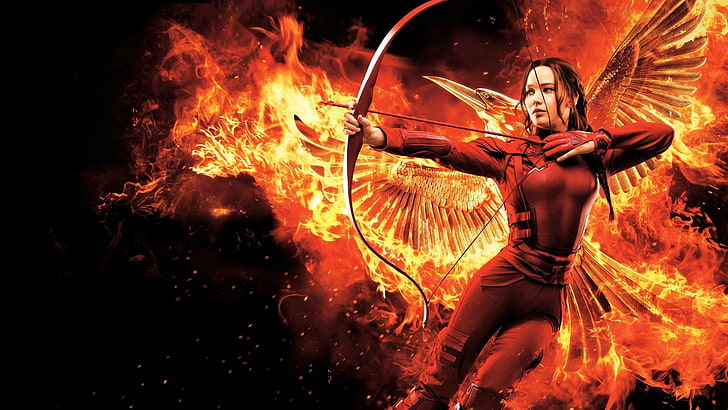 The Hunger Games, The Hunger Games: Mockingjay - Part 2, Bow, Fire, Flame, Jennifer Lawrence, Katniss Everdeen, Phoenix, Wings, HD tapet