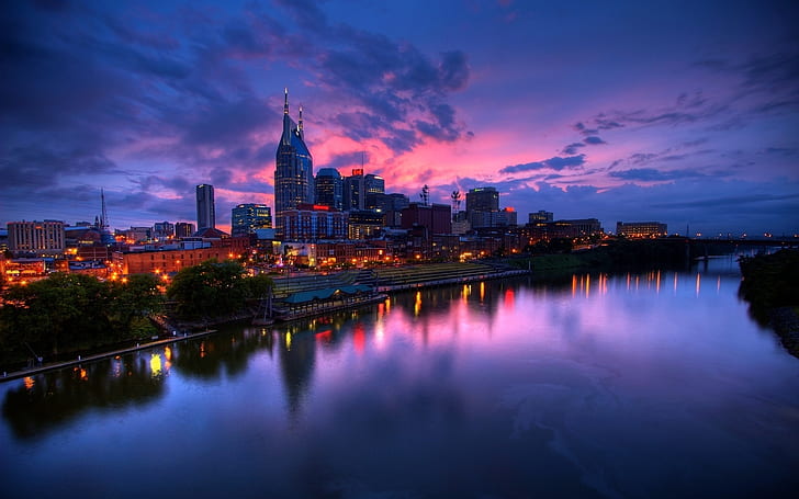 Nashville Cumberland Nehri alacakaranlıkta ışıklar, Nashville, Cumberland, nehir, alacakaranlıkta, ışık, HD masaüstü duvar kağıdı