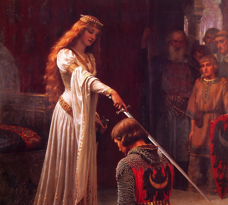 woman blessing knight painting, castle, picture, sword, armor, ritual, knight, Queen, Middle Ages, romanticism, English painter, English artist, the pre-Raphaelite, Edmund Blair Leighton, Pre-Raphaelite, The middle ages, Guinevere, Lancelot Of The Lake, Akkolada, Accolade, Ginevra, HD wallpaper