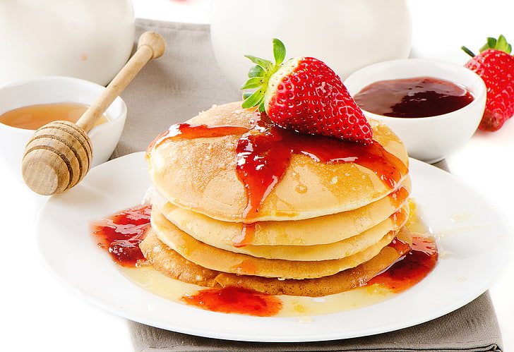 pancakes, food, strawberry, berry, honey, red, pancakes, jam, HD wallpaper