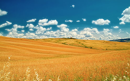 Italia, Toscana, campi estivi, cielo, nuvole, giallo, blu, Italia, Toscana, estate, campi, cielo, nuvole, giallo, blu, Sfondo HD HD wallpaper