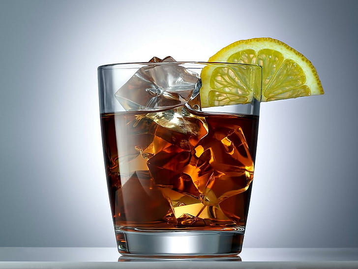 Whisky and Ice, citron, nature morte, abstrait, verre, Fond d'écran HD