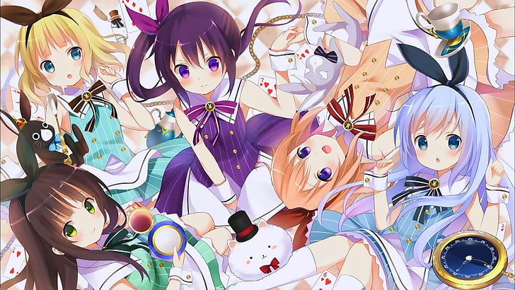 Anime-Mädchen, Gochuumon wa Usagi Desu ka ?, Kirima Sharo, Tedeza Rize, Kafuu Chino, Hoto Kokoa, Ujimatsu Chiya, HD-Hintergrundbild