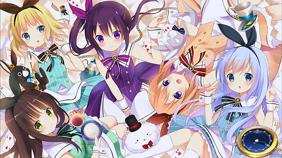 Anime-Mädchen, Kirima Sharo, Gochuumon wa Usagi Desu ka ?, Ujimatsu Chiya, Kafuu Chino, Hoto Kokoa, Tedeza Rize, HD-Hintergrundbild HD wallpaper